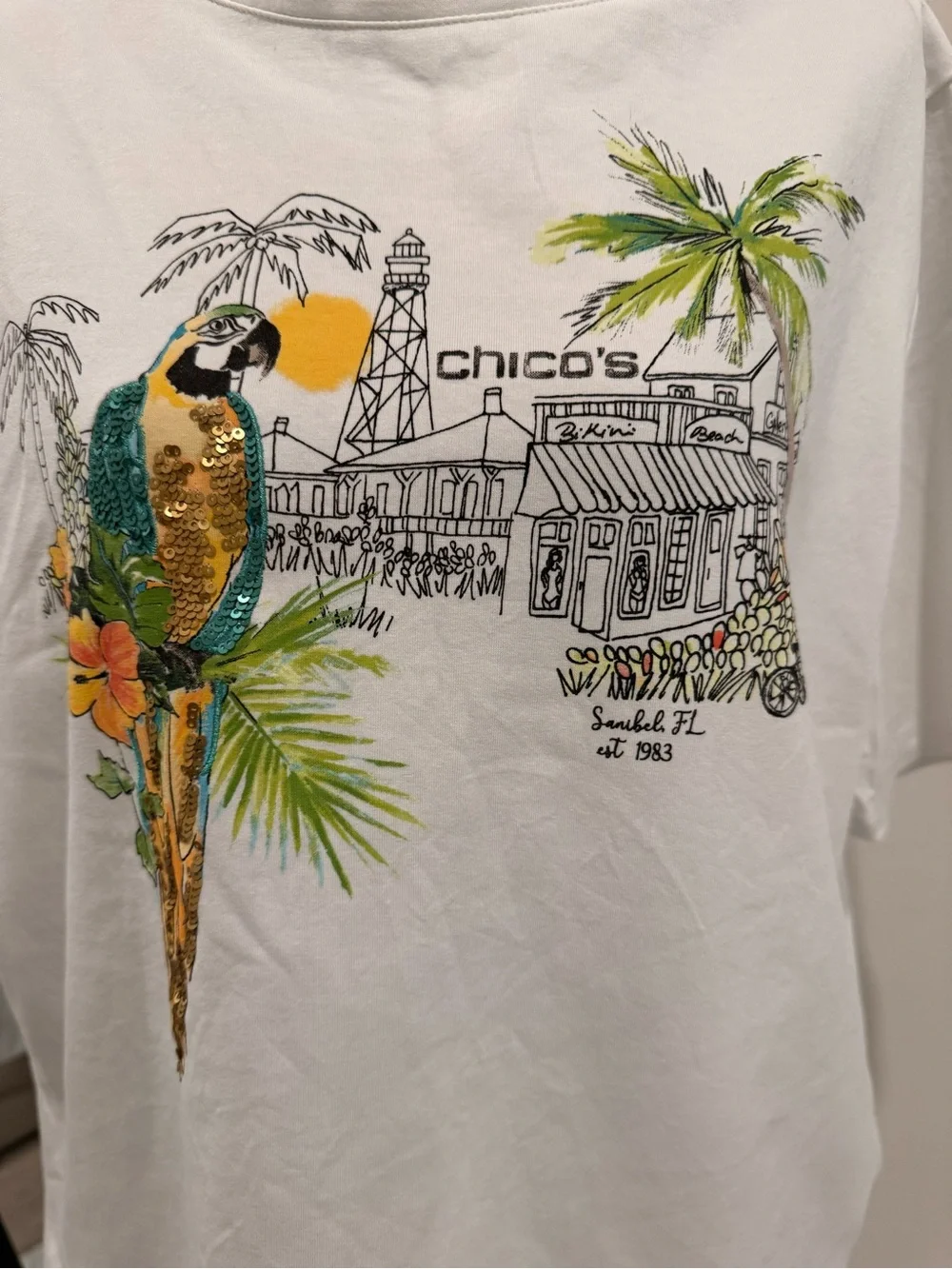 Chico's White Short Sleeve Tee with Sequin Parrot & Tropical Print - Picture 2 of 7